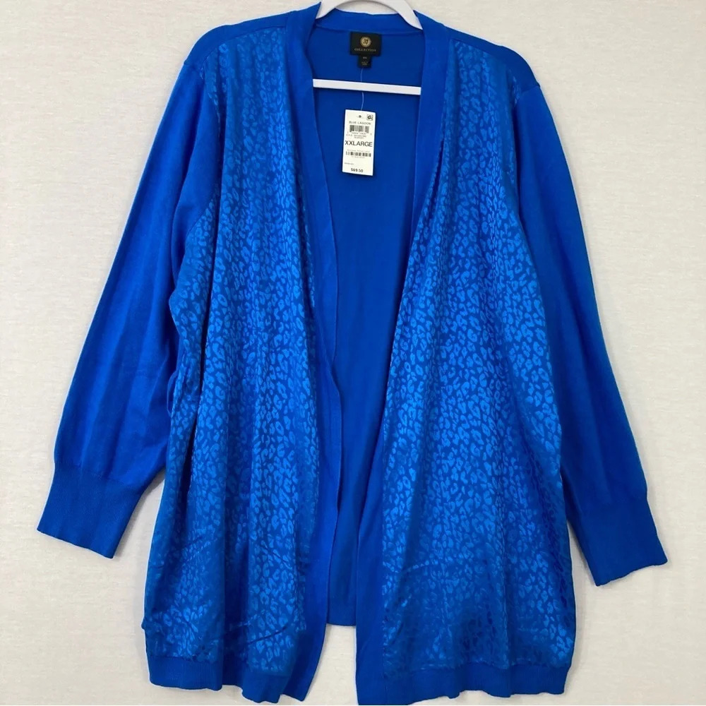 New JM Collection Royal Blue Leopard Print Open Front Knit Cardigan XXL